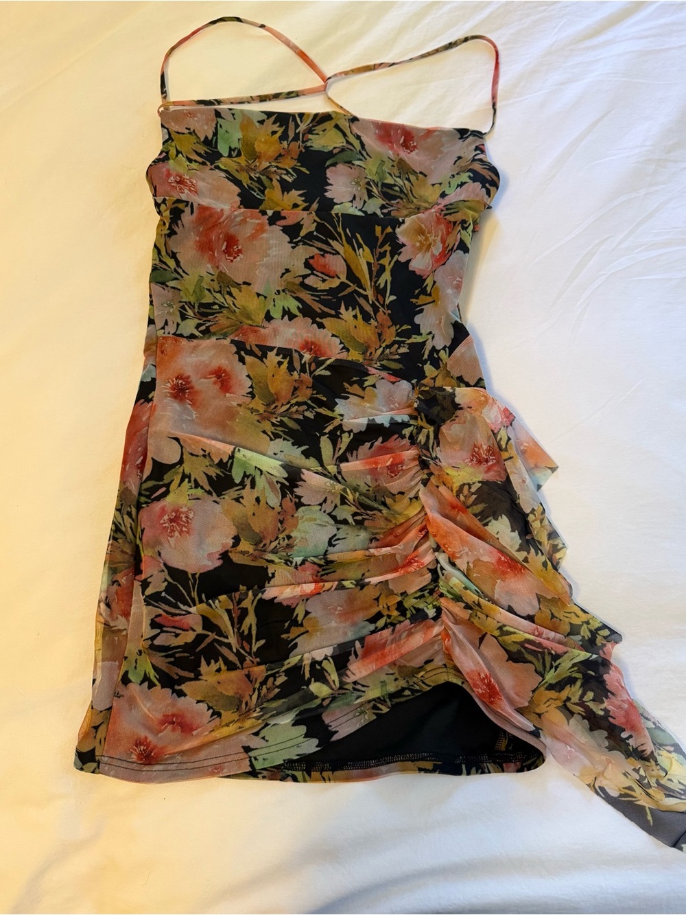 Floral Sheer Overlay Slip Dress - Black with Peach Floral